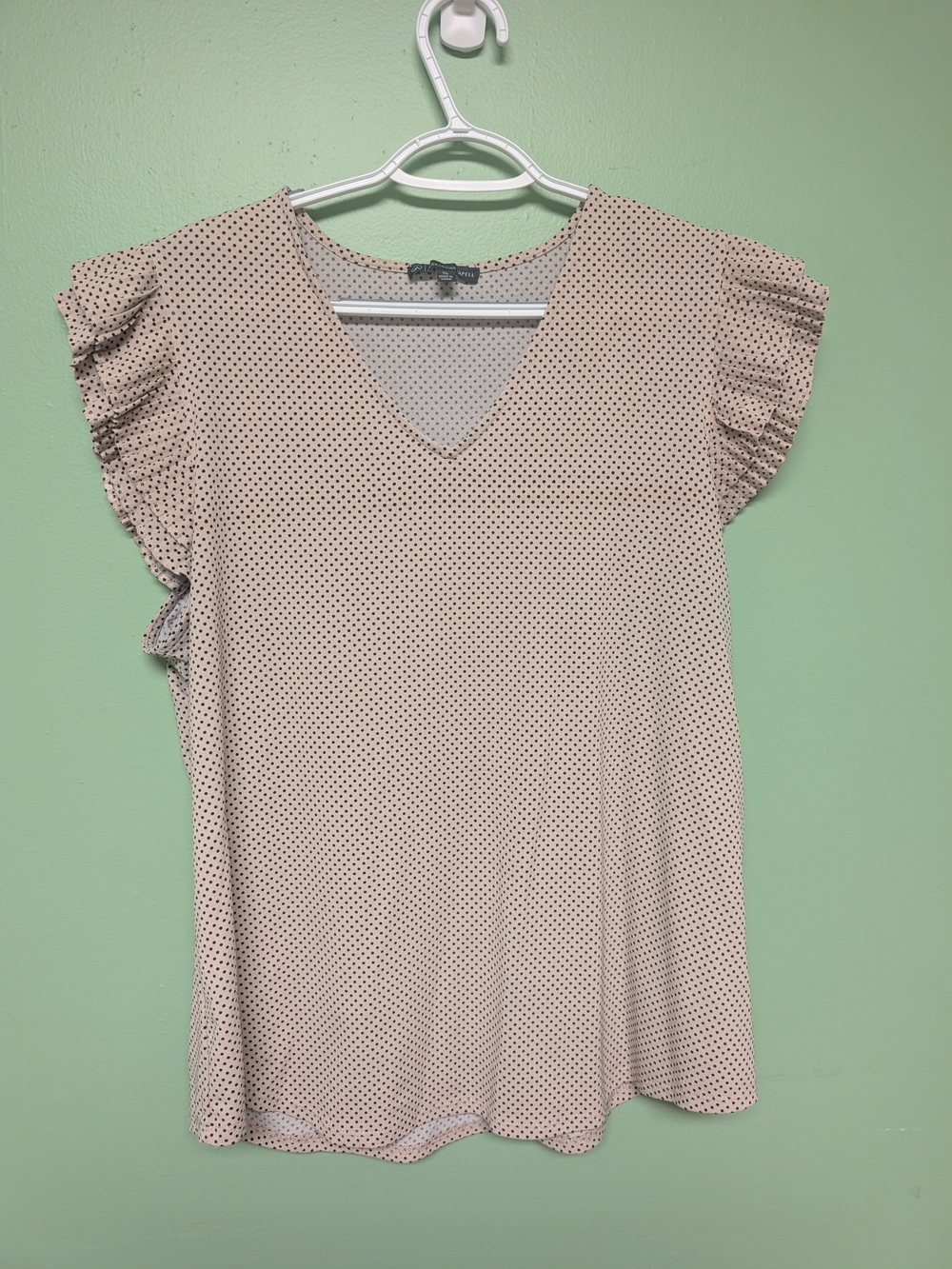 Adrianna Papell Beige Polka Dot Flutter Sleeve V-Neck Top